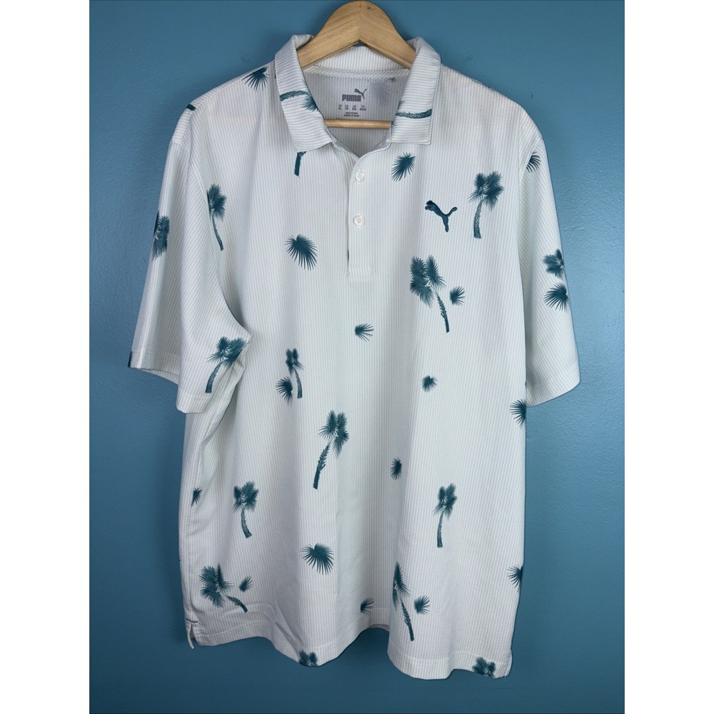 Puma Golf Polo Shirt Mens XL Mint Green Striped Palm Tree Tropical Short Sleeve